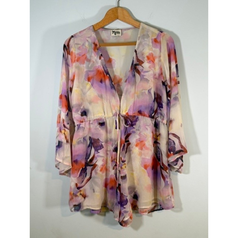 Show Me Your Mumu Roxy Romper Medium Watercolor Floral Bell Sleeve Deep V Boho